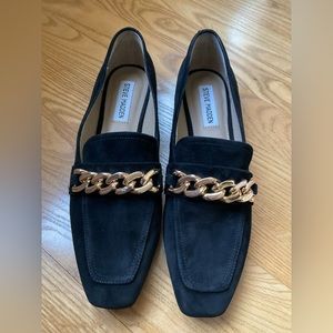 Steve Madden black suede loafers chained